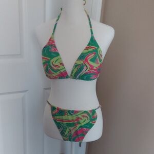 Green and Pink Retro Swirl Bikini